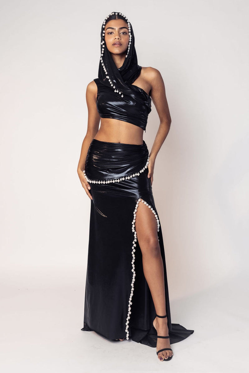 THE MAYA HOODED DRAPED CROP WITH A SLIT SKIRT-RTS