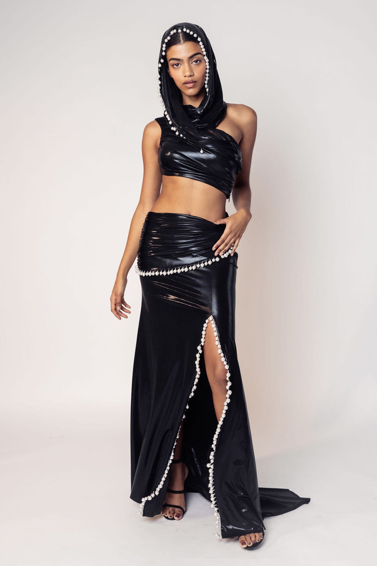 THE MAYA HOODED DRAPED CROP WITH A SLIT SKIRT