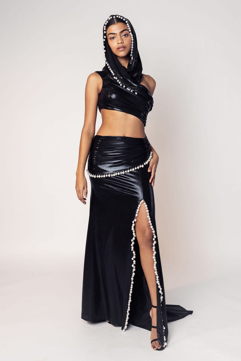 THE MAYA HOODED DRAPED CROP WITH A SLIT SKIRT