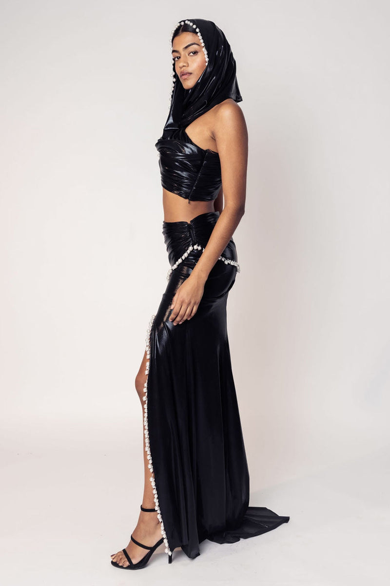 THE MAYA HOODED DRAPED CROP WITH A SLIT SKIRT-RTS