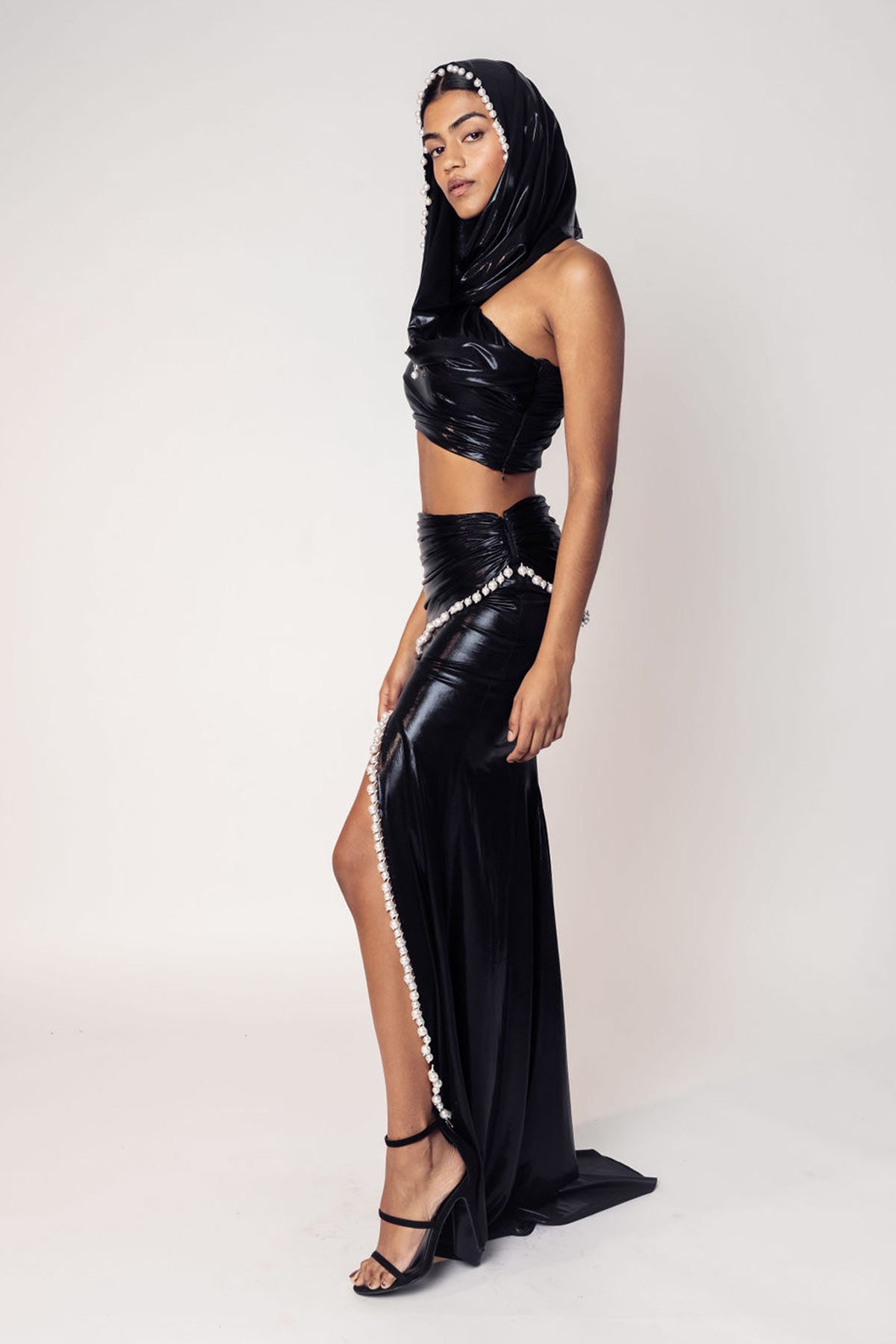 THE MAYA HOODED DRAPED CROP WITH A SLIT SKIRT