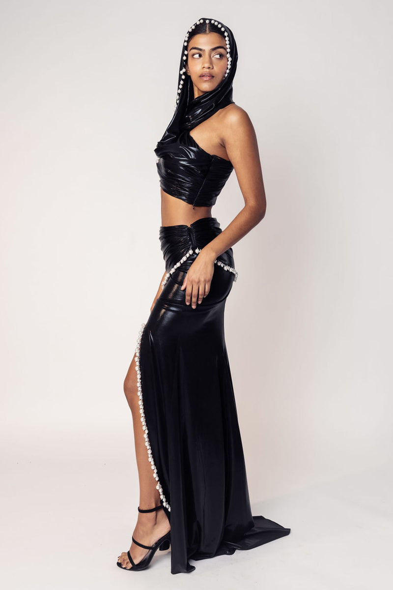 THE MAYA HOODED DRAPED CROP WITH A SLIT SKIRT