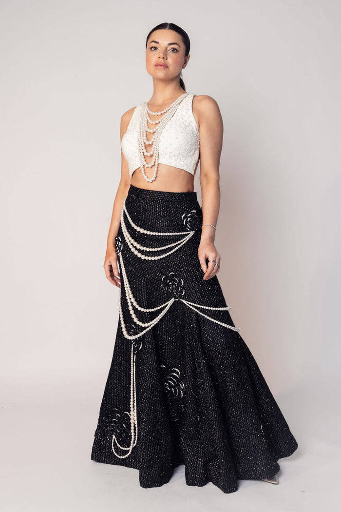 THE COCO TEXTURED PEARL CROP WITH THE BLACK PEARL DRAPE FLOWER SKIRT