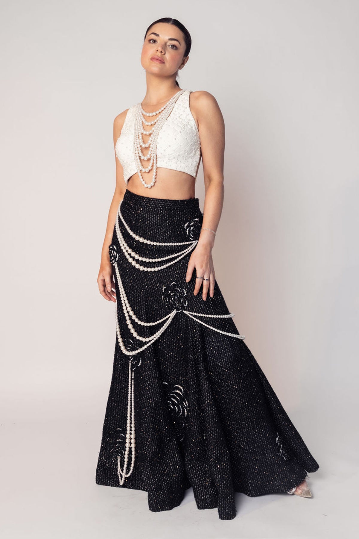 THE COCO TEXTURED PEARL CROP WITH THE BLACK PEARL DRAPE FLOWER SKIRT