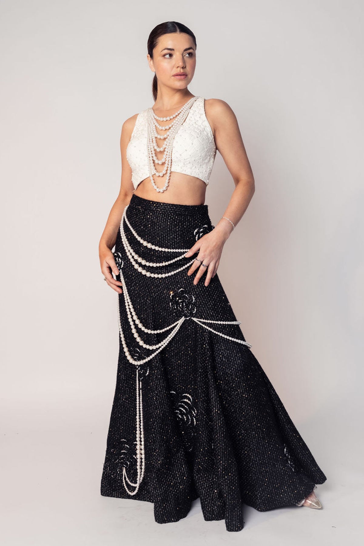 THE COCO TEXTURED PEARL CROP WITH THE BLACK PEARL DRAPE FLOWER SKIRT