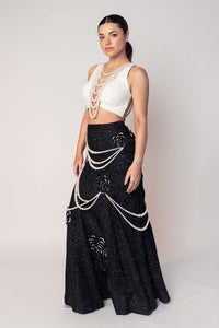 THE COCO TEXTURED PEARL CROP WITH THE BLACK PEARL DRAPE FLOWER SKIRT