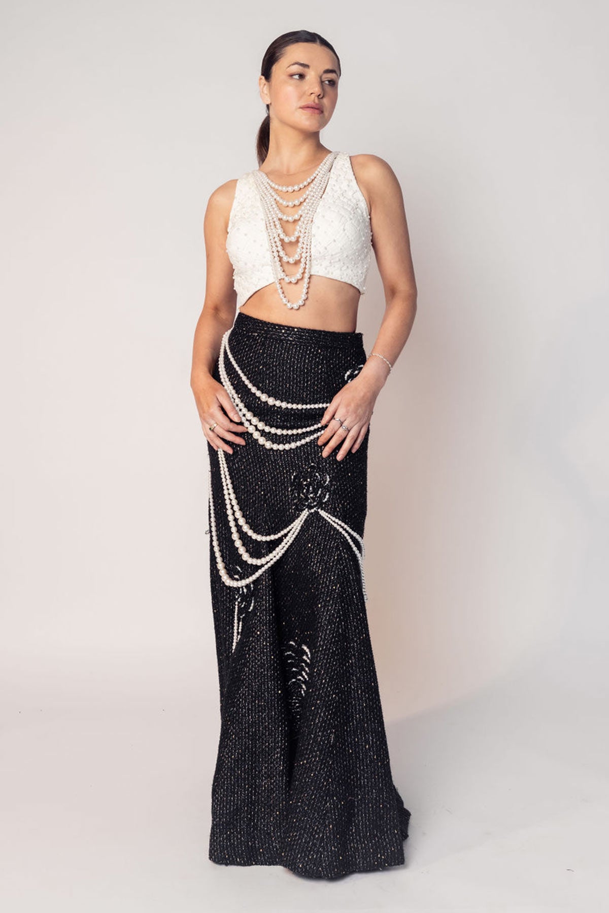 THE COCO TEXTURED PEARL CROP WITH THE BLACK PEARL DRAPE FLOWER SKIRT