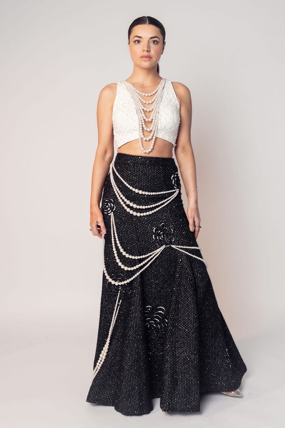 THE COCO TEXTURED PEARL CROP WITH THE BLACK PEARL DRAPE FLOWER SKIRT