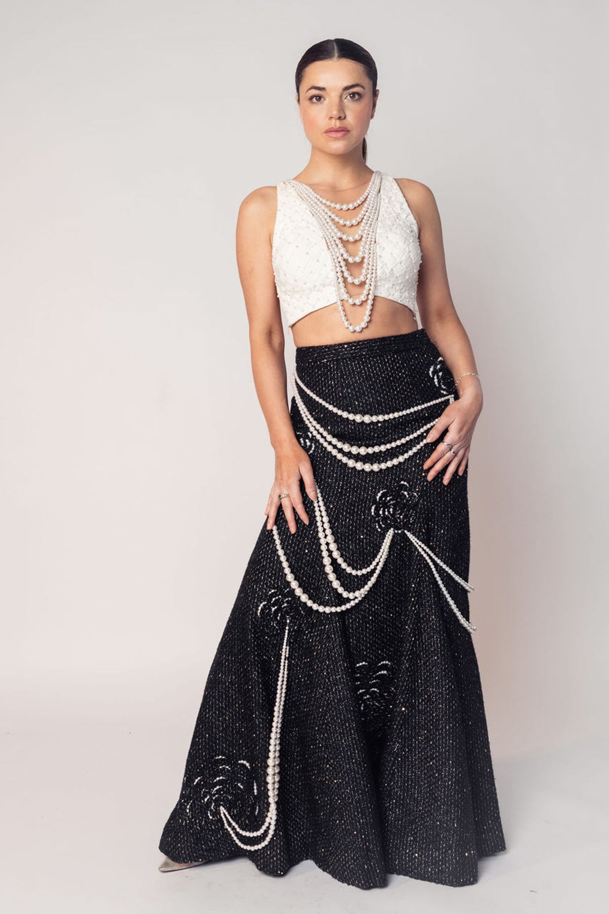 THE COCO TEXTURED PEARL CROP WITH THE BLACK PEARL DRAPE FLOWER SKIRT