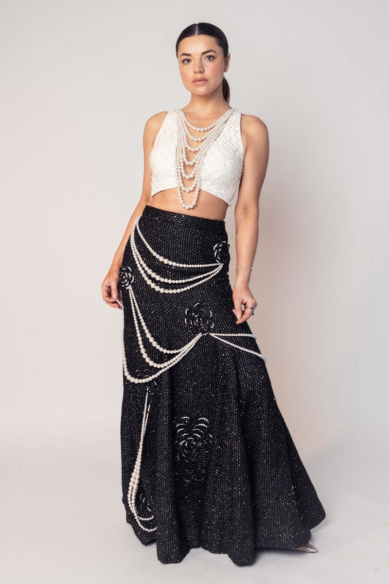 THE COCO TEXTURED PEARL CROP WITH THE BLACK PEARL DRAPE FLOWER SKIRT