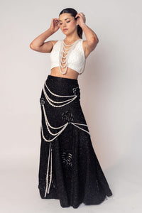 THE COCO TEXTURED PEARL CROP WITH THE BLACK PEARL DRAPE FLOWER SKIRT