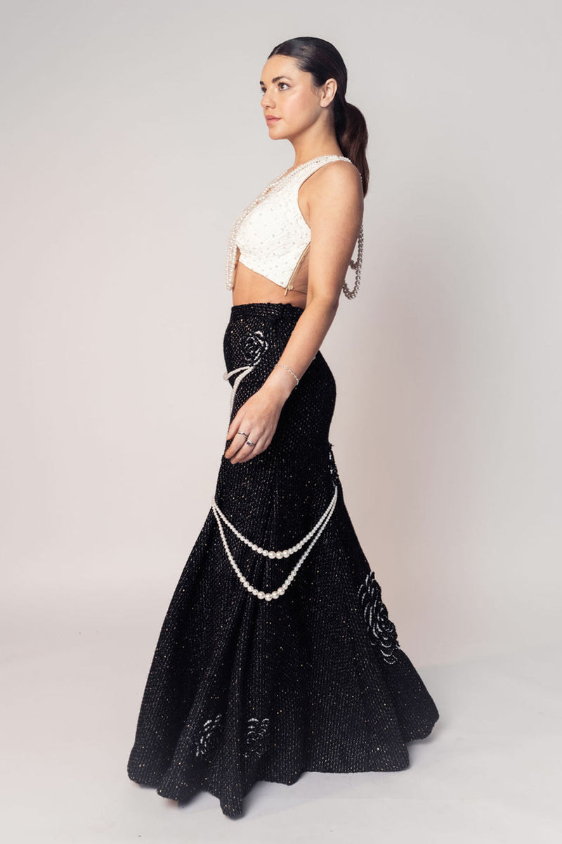 THE COCO TEXTURED PEARL CROP WITH THE BLACK PEARL DRAPE FLOWER SKIRT