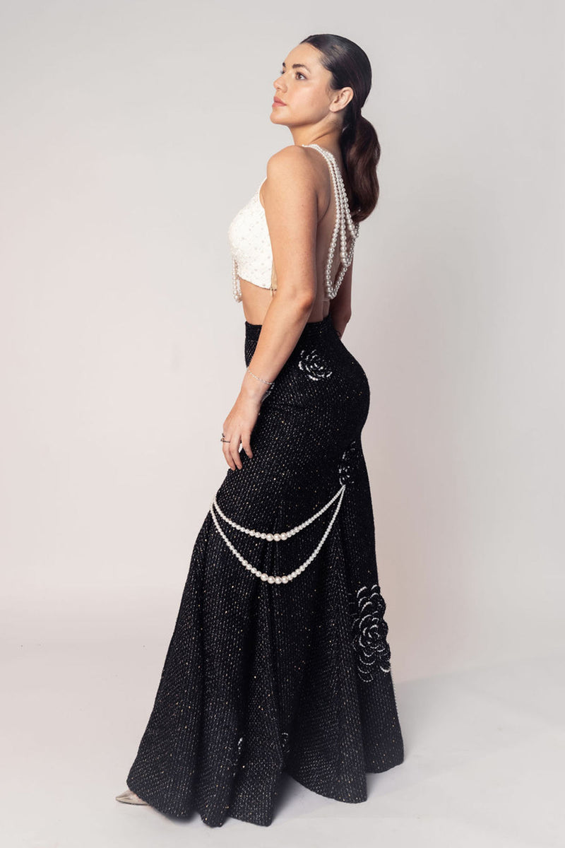 THE COCO TEXTURED PEARL CROP WITH THE BLACK PEARL DRAPE FLOWER SKIRT