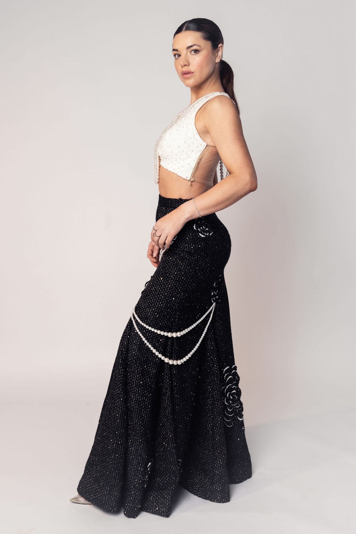 THE COCO TEXTURED PEARL CROP WITH THE BLACK PEARL DRAPE FLOWER SKIRT