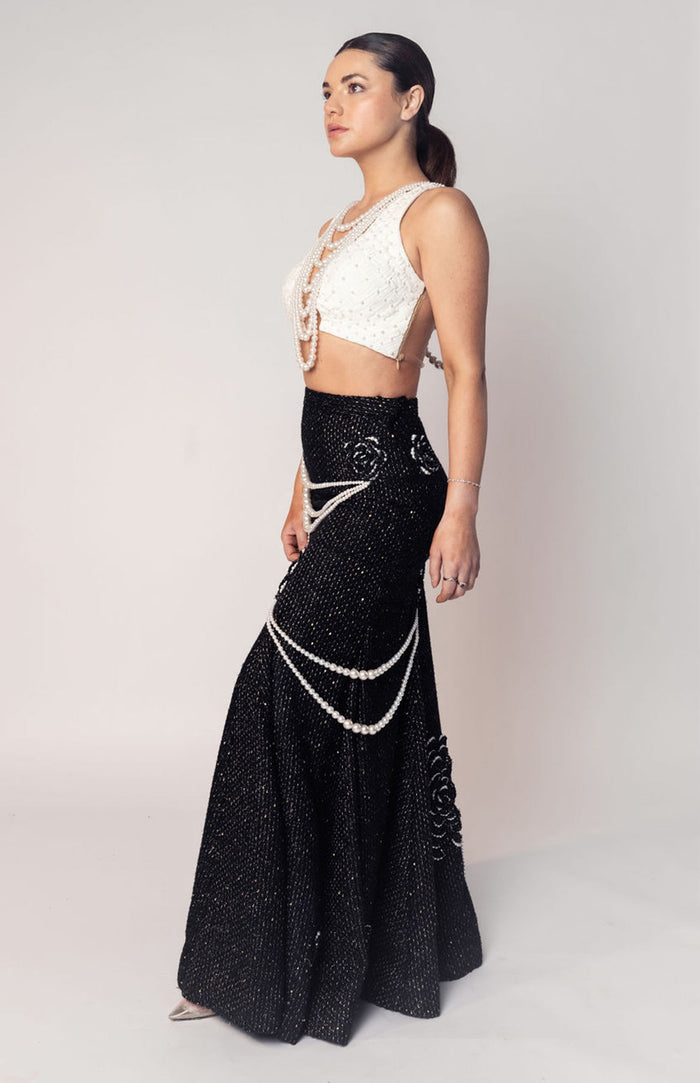 THE COCO TEXTURED PEARL CROP WITH THE BLACK PEARL DRAPE FLOWER SKIRT