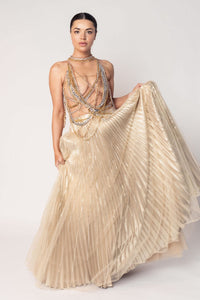 THE DIVA CHAIN BODY SUIT WITH A GOLD LAYERED PLEATED SKIRT