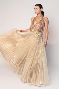 THE DIVA CHAIN BODY SUIT WITH A GOLD LAYERED PLEATED SKIRT