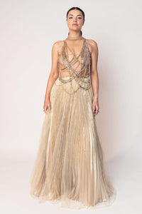 THE DIVA CHAIN BODY SUIT WITH A GOLD LAYERED PLEATED SKIRT