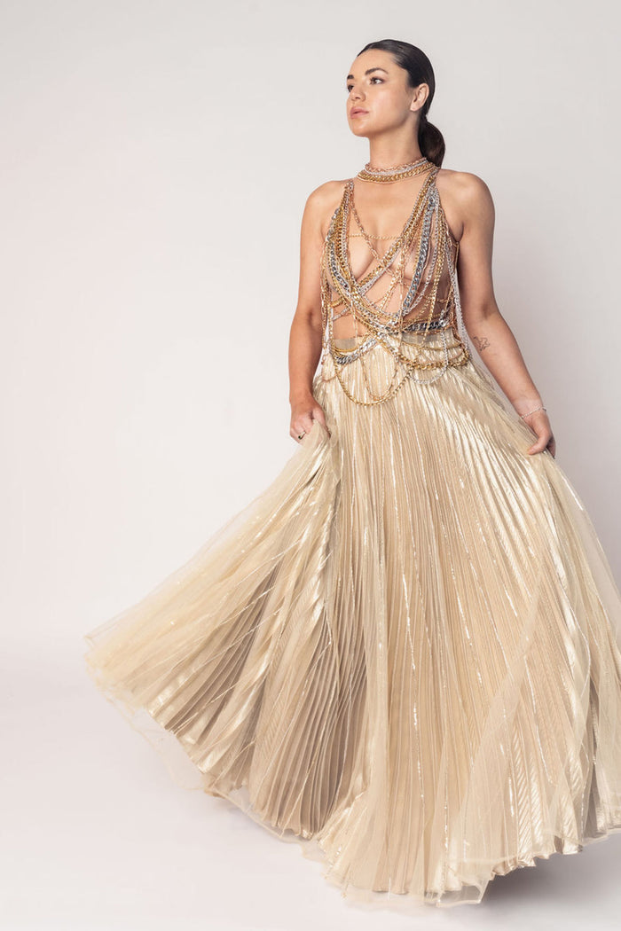 THE DIVA CHAIN BODY SUIT WITH A GOLD LAYERED PLEATED SKIRT