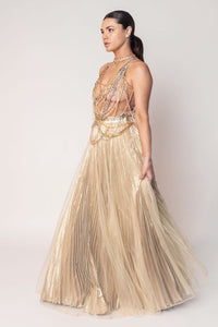 THE DIVA CHAIN BODY SUIT WITH A GOLD LAYERED PLEATED SKIRT