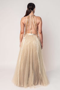 THE DIVA CHAIN BODY SUIT WITH A GOLD LAYERED PLEATED SKIRT