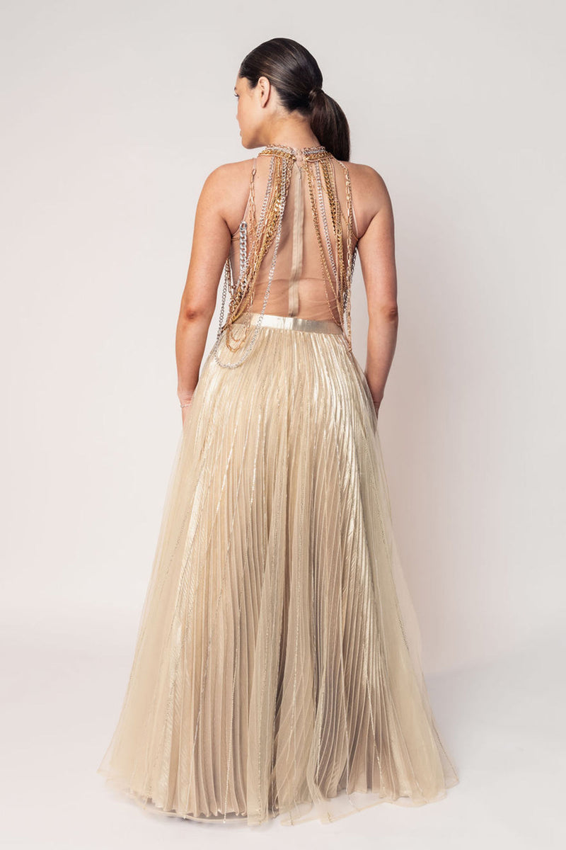 THE DIVA CHAIN BODY SUIT WITH A GOLD LAYERED PLEATED SKIRT