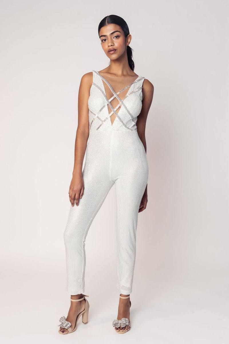 THE ZEENAT CRYSTAL JUMPSUIT WITH AN OVERLAYER SKIRT