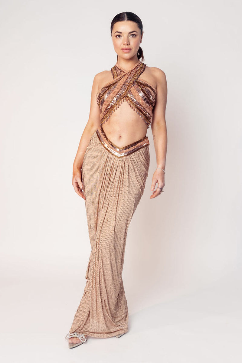 THE CHER HALTER BEADED TOP WITH A DRAPED CRYSTAL SKIRT