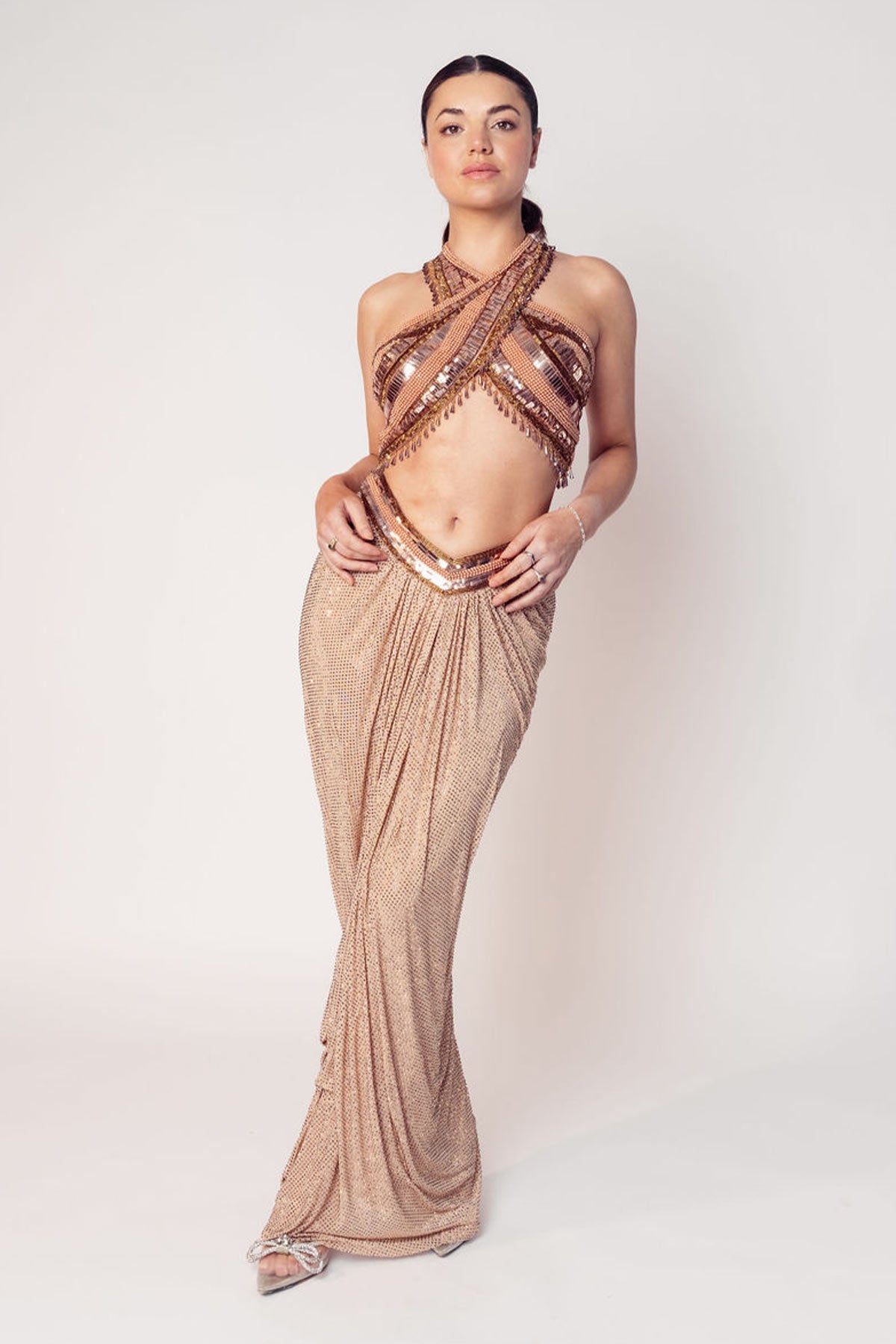 THE CHER HALTER BEADED TOP WITH A DRAPED CRYSTAL SKIRT