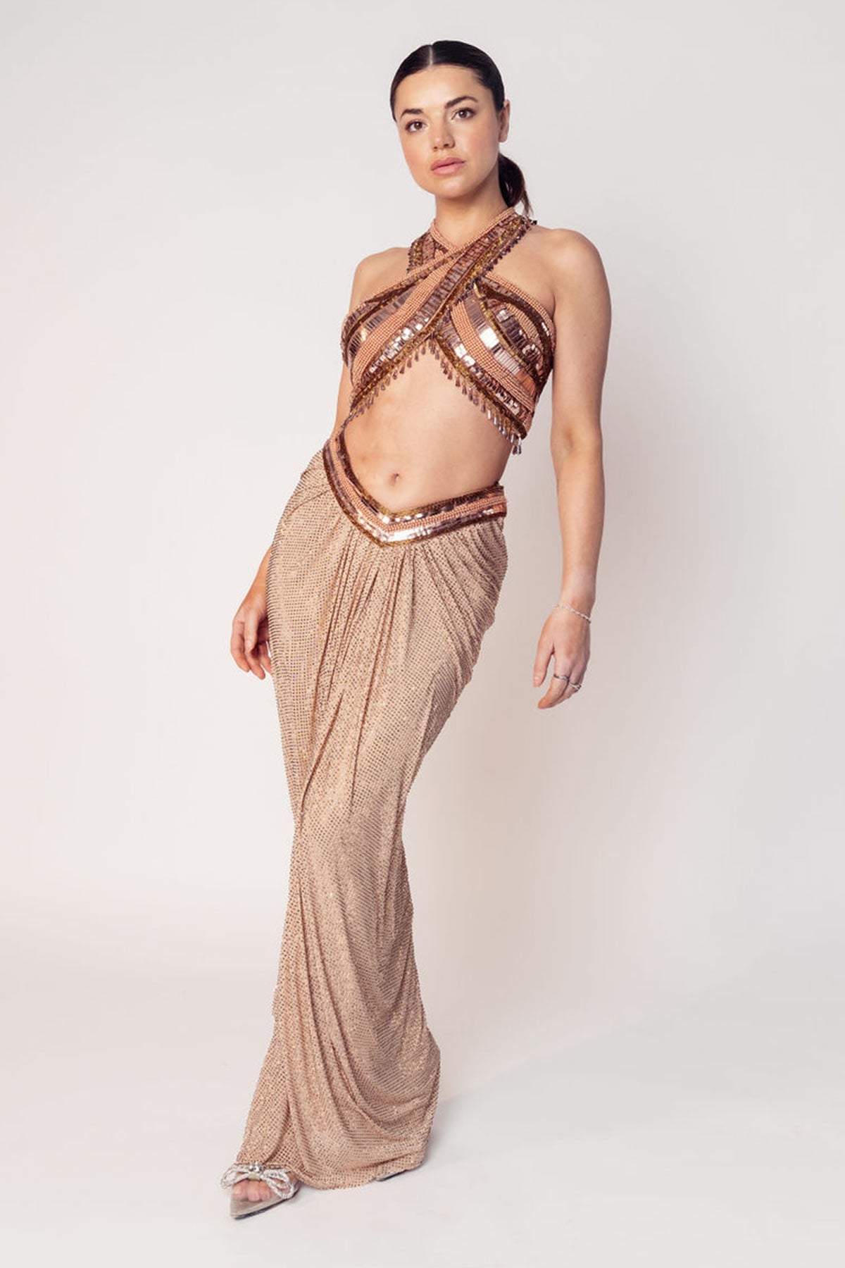 THE CHER HALTER BEADED TOP WITH A DRAPED CRYSTAL SKIRT