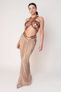 THE CHER HALTER BEADED TOP WITH A DRAPED CRYSTAL SKIRT-RTS