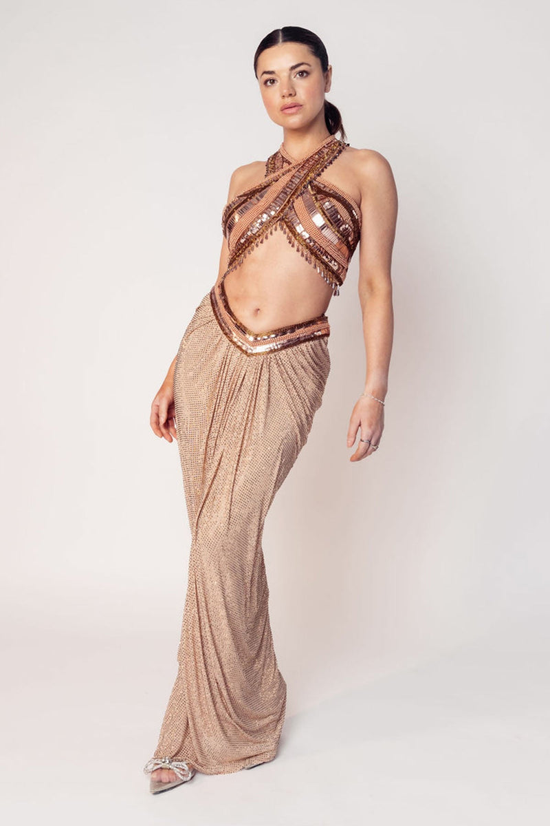THE CHER HALTER BEADED TOP WITH A DRAPED CRYSTAL SKIRT-RTS