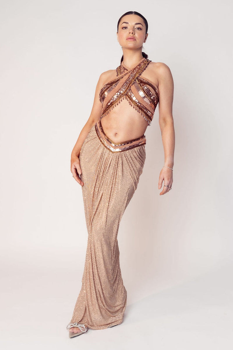 THE CHER HALTER BEADED TOP WITH A DRAPED CRYSTAL SKIRT-RTS