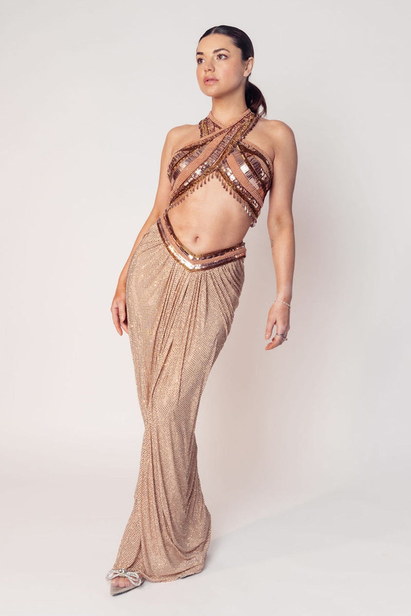THE CHER HALTER BEADED TOP WITH A DRAPED CRYSTAL SKIRT-RTS