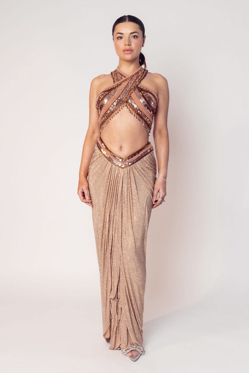 THE CHER HALTER BEADED TOP WITH A DRAPED CRYSTAL SKIRT