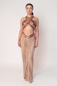 THE CHER HALTER BEADED TOP WITH A DRAPED CRYSTAL SKIRT-RTS