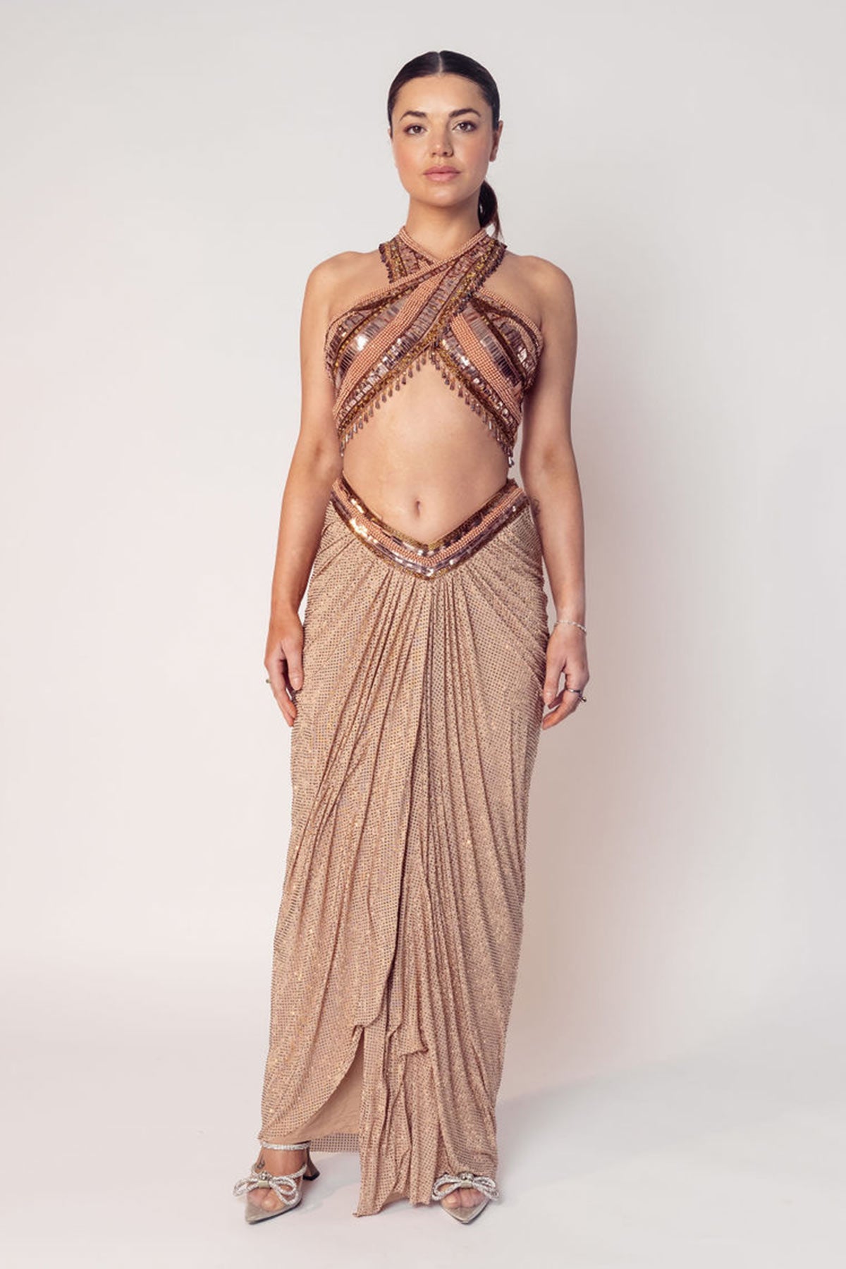 THE CHER HALTER BEADED TOP WITH A DRAPED CRYSTAL SKIRT