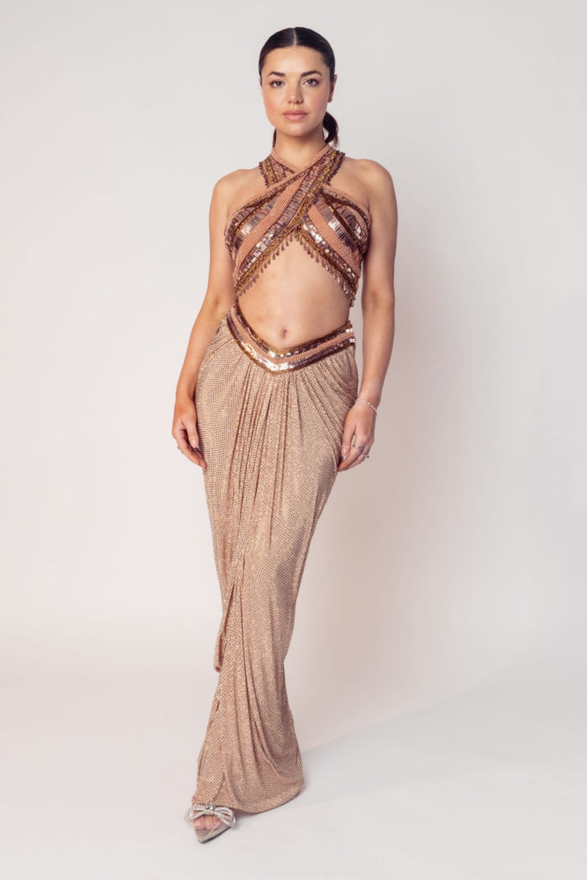 THE CHER HALTER BEADED TOP WITH A DRAPED CRYSTAL SKIRT