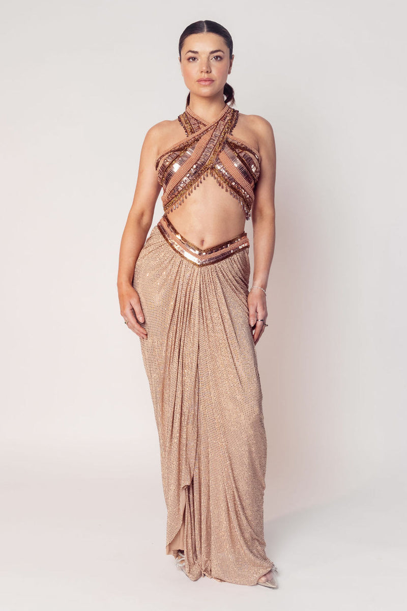 THE CHER HALTER BEADED TOP WITH A DRAPED CRYSTAL SKIRT