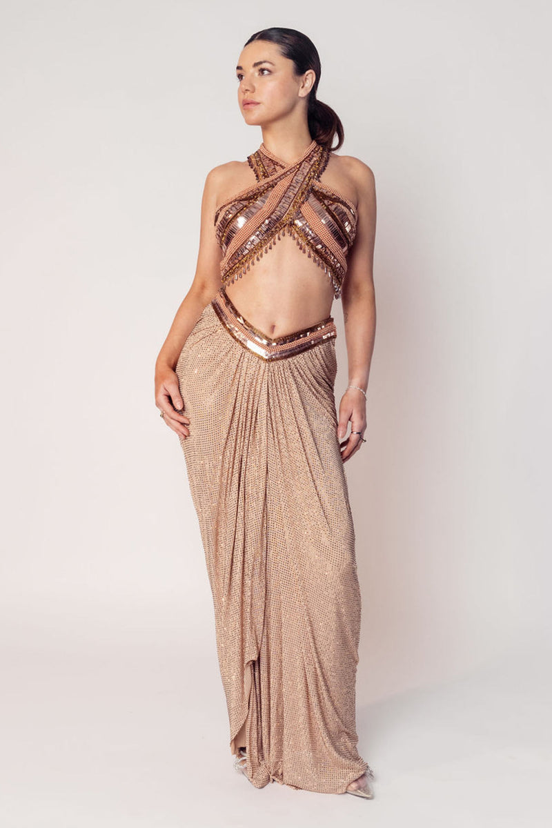 THE CHER HALTER BEADED TOP WITH A DRAPED CRYSTAL SKIRT