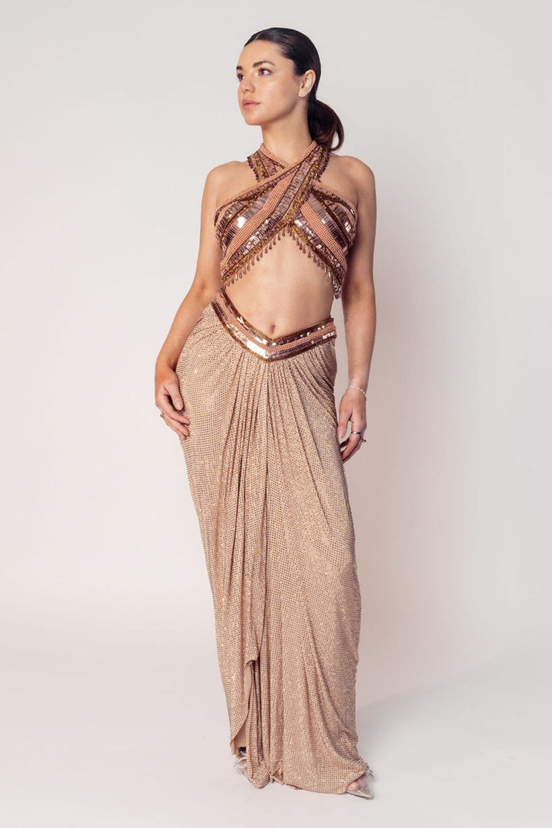 THE CHER HALTER BEADED TOP WITH A DRAPED CRYSTAL SKIRT-RTS