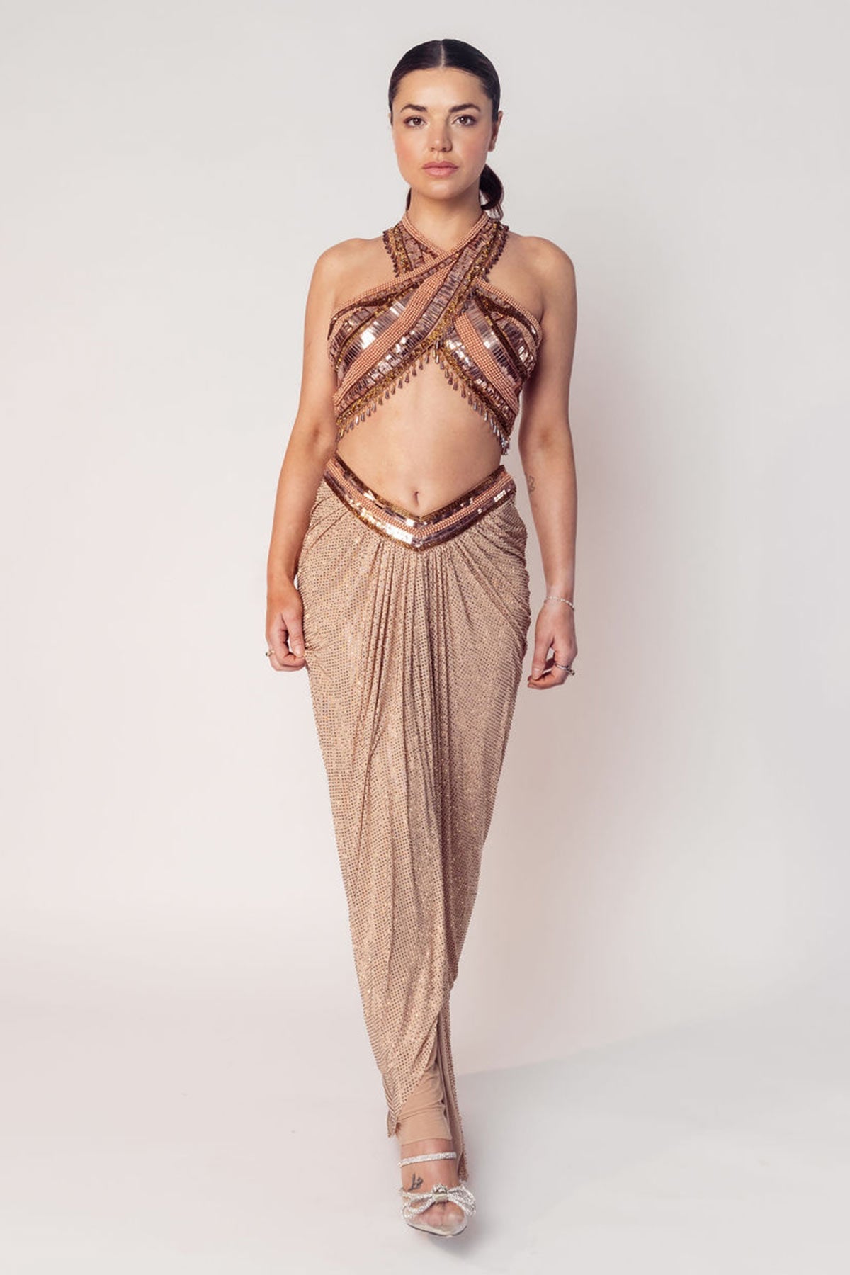 THE CHER HALTER BEADED TOP WITH A DRAPED CRYSTAL SKIRT-RTS