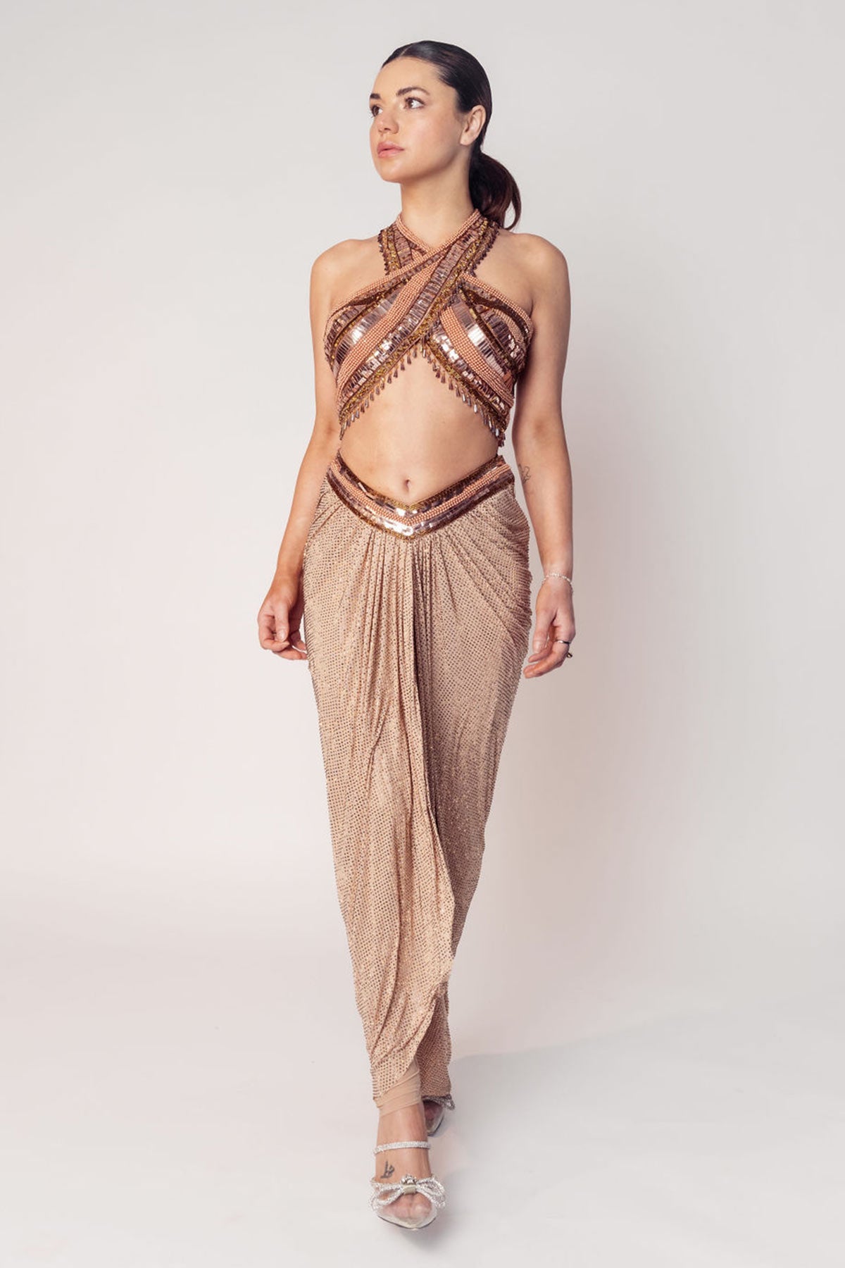 THE CHER HALTER BEADED TOP WITH A DRAPED CRYSTAL SKIRT