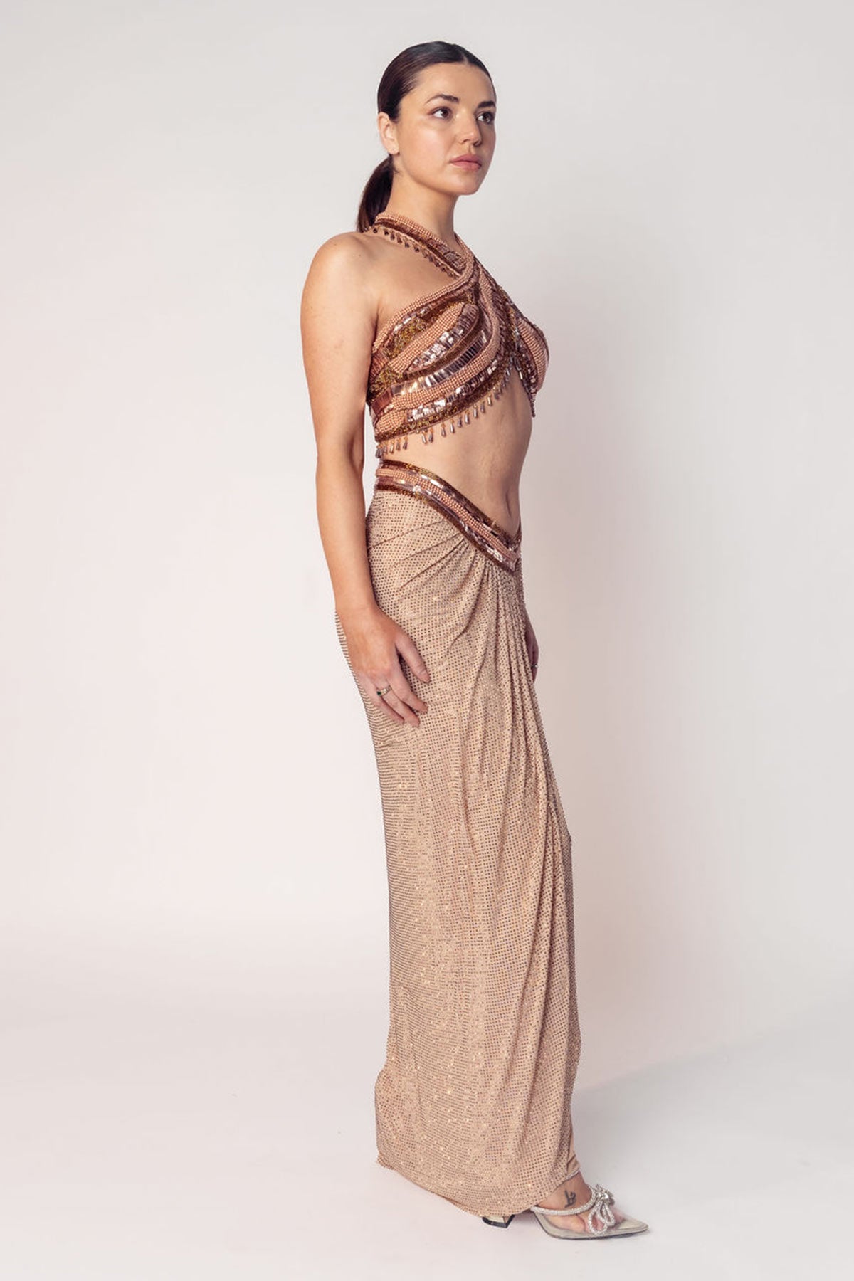 THE CHER HALTER BEADED TOP WITH A DRAPED CRYSTAL SKIRT