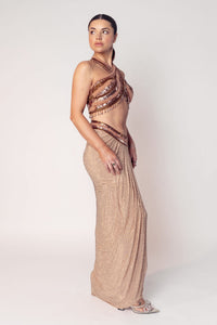 THE CHER HALTER BEADED TOP WITH A DRAPED CRYSTAL SKIRT