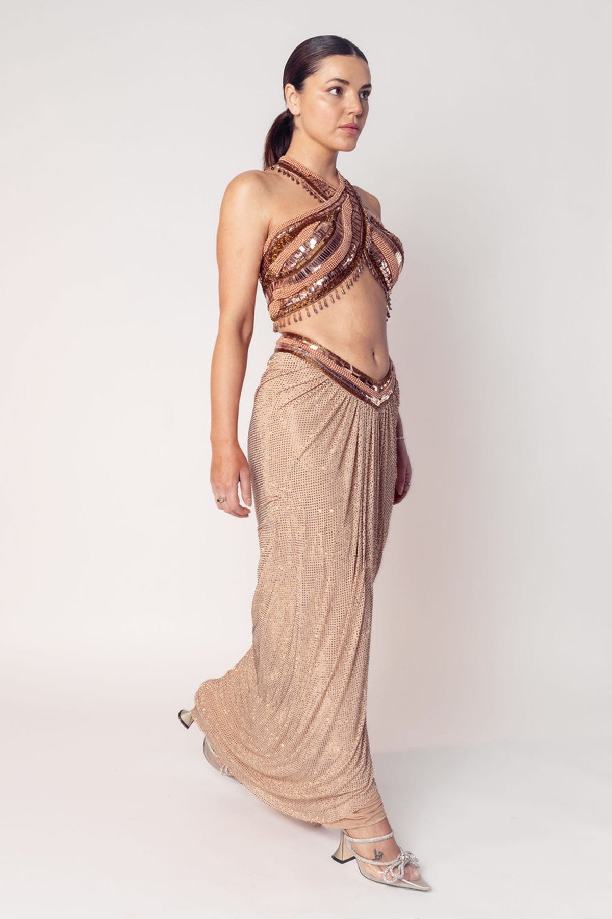 THE CHER HALTER BEADED TOP WITH A DRAPED CRYSTAL SKIRT