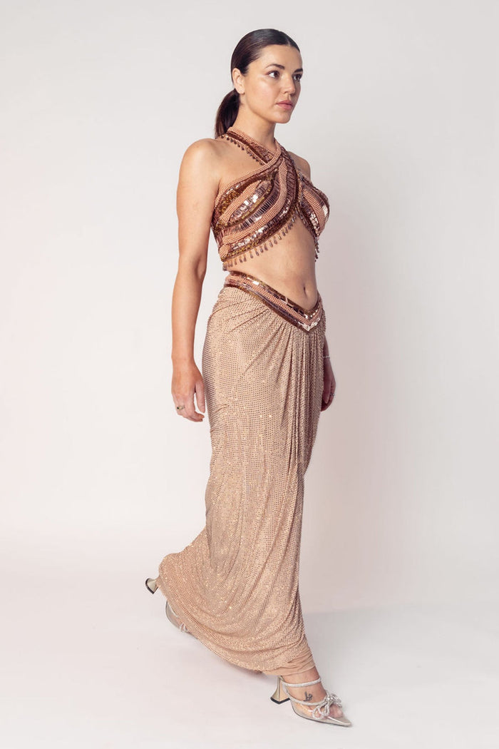 THE CHER HALTER BEADED TOP WITH A DRAPED CRYSTAL SKIRT-RTS