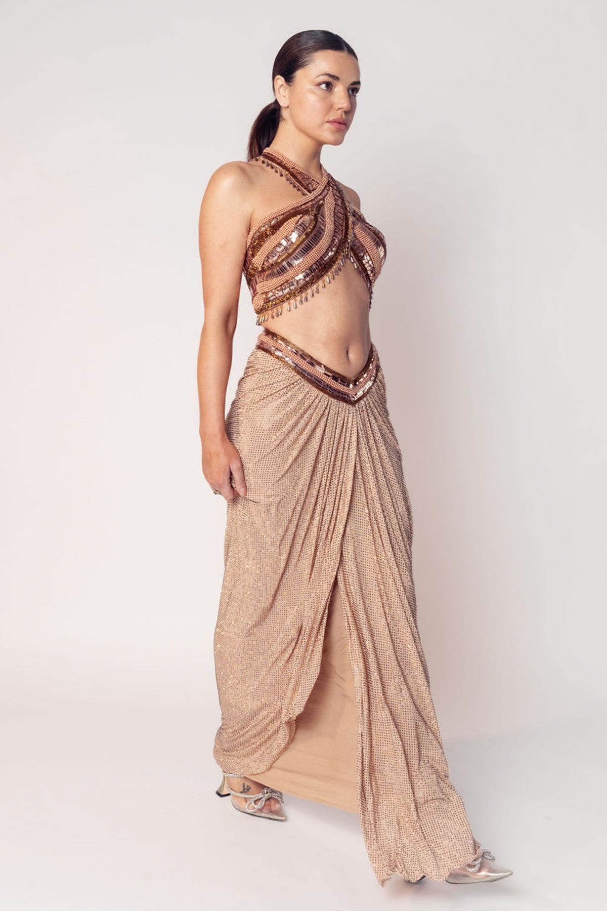 THE CHER HALTER BEADED TOP WITH A DRAPED CRYSTAL SKIRT