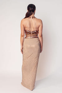 THE CHER HALTER BEADED TOP WITH A DRAPED CRYSTAL SKIRT