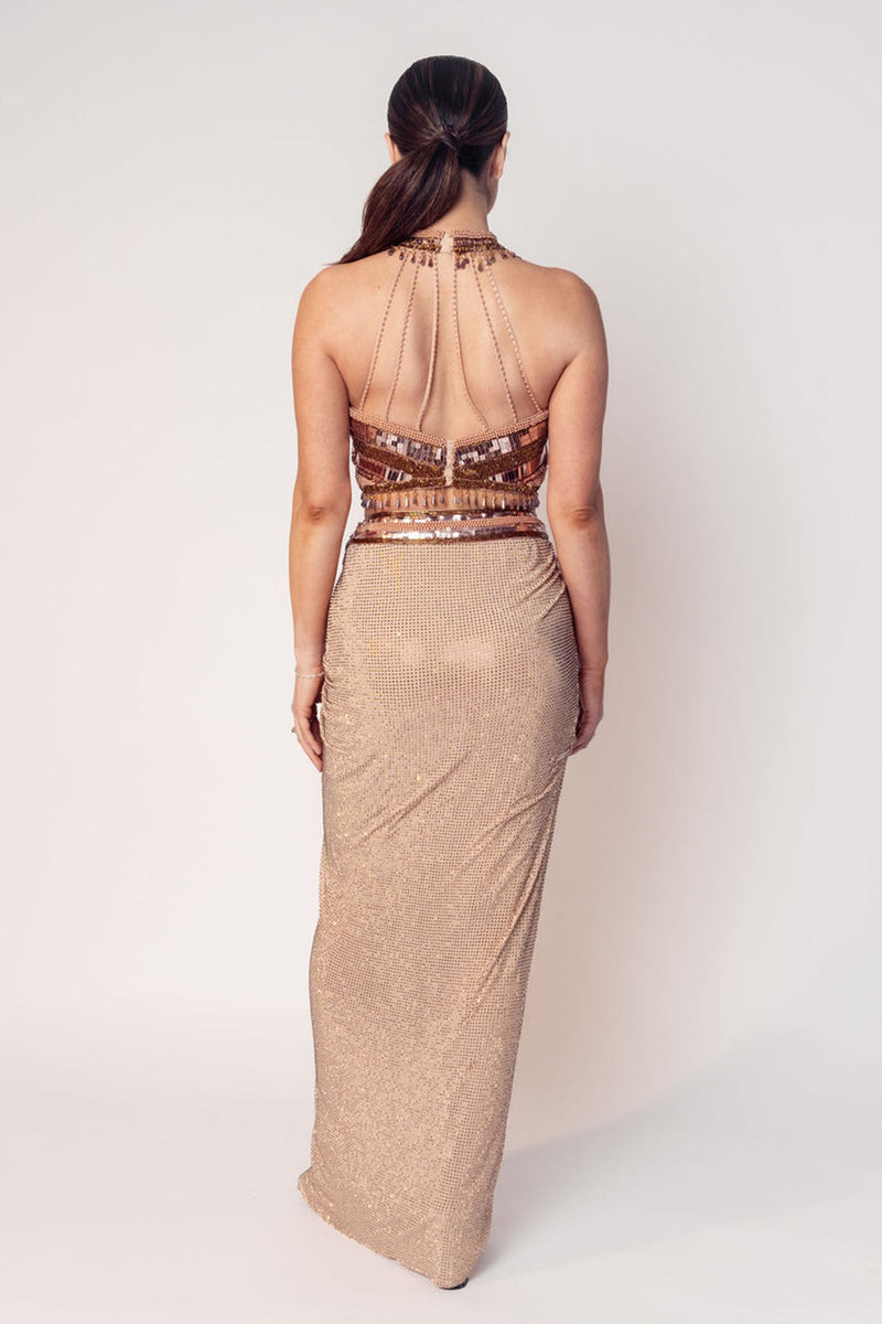 THE CHER HALTER BEADED TOP WITH A DRAPED CRYSTAL SKIRT